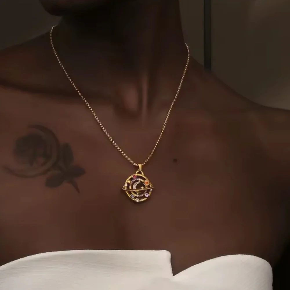 Colorful Rhinestone Moon Star Planet Necklace Stainless Steel 18K Gold Plated - Picture 4 of 8